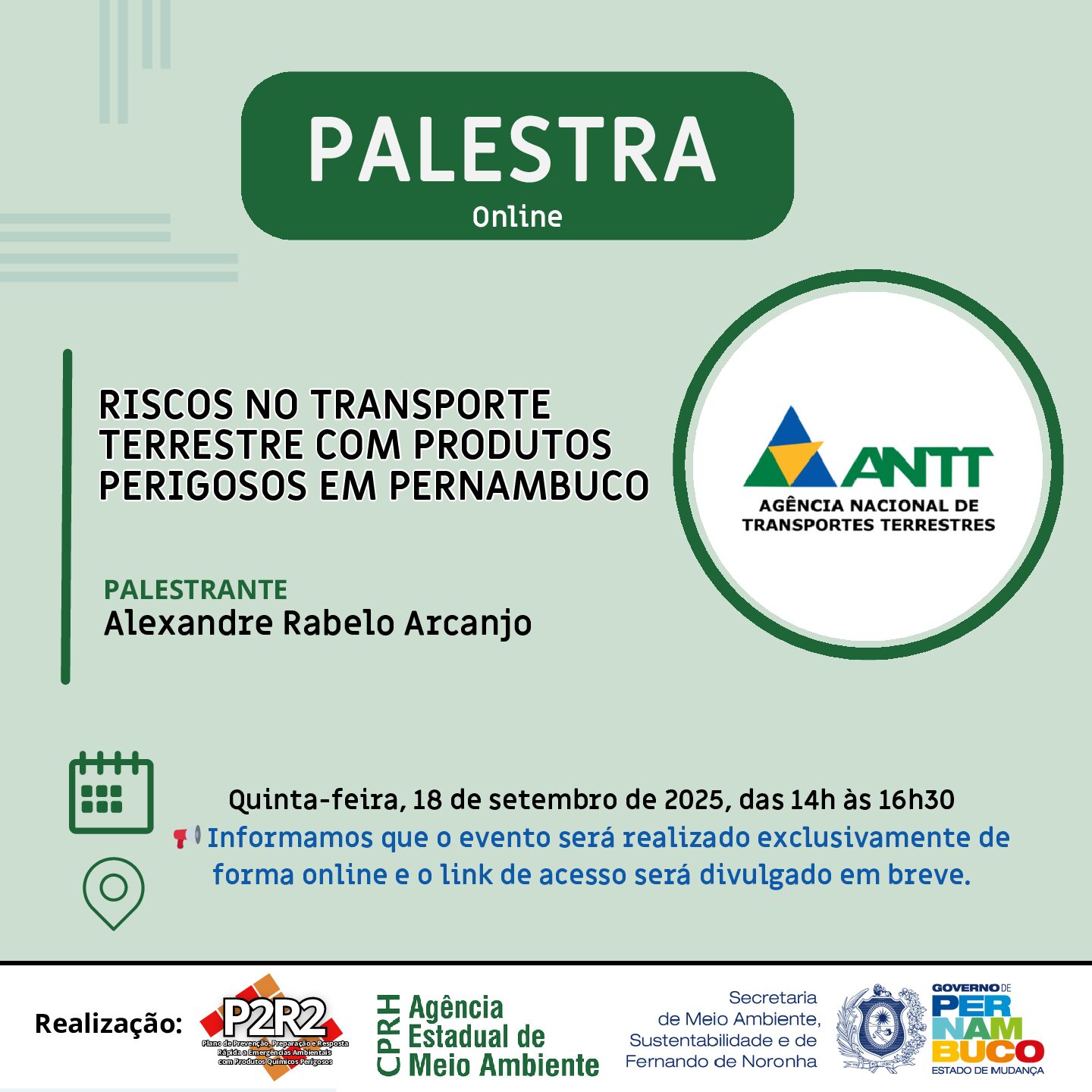 Palestra Online – Riscos no Transporte de Produtos Perigosos em Pernambuco (18/09) – P2R2 Pernambuco